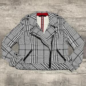 White House Black Market Plaid Houndstooth Moto Jacket Women 12 Black White Edgy